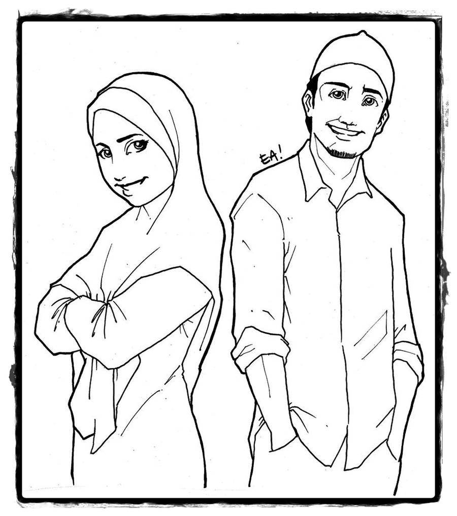Sketsa Kartun Muslimah Berpasangan